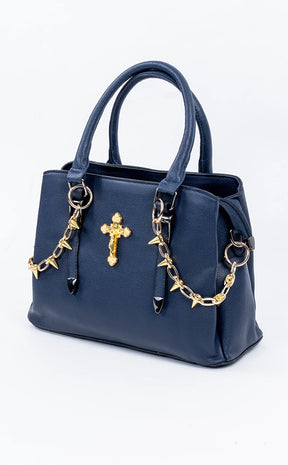 Don't Cross Me Leather Handbag | Navy Gold