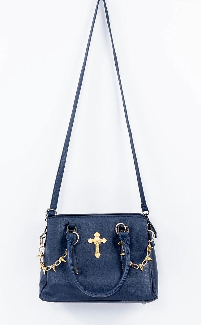 Don't Cross Me Leather Handbag | Navy Gold