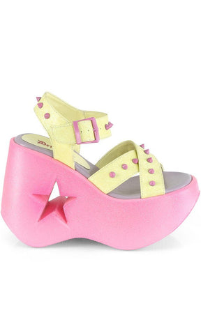 DYNAMITE-02 Neon Yellow & Pink Glitter Wedge Heels-Demonia-Tragic Beautiful