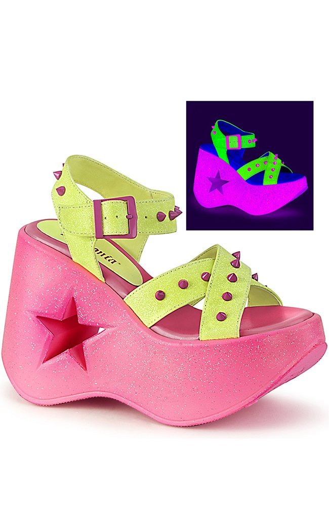 DYNAMITE-02 Neon Yellow & Pink Glitter Wedge Heels-Demonia-Tragic Beautiful