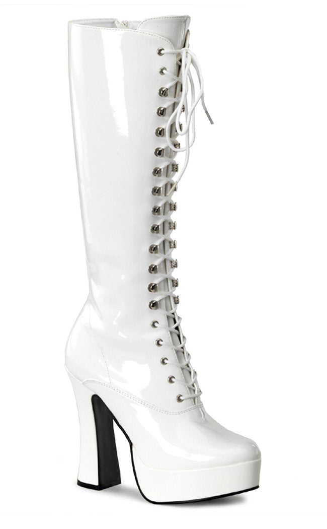 ELECTRA-2020 White Patent Knee High Boots-Pleaser-Tragic Beautiful