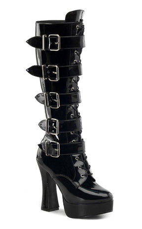 ELECTRA-2042 Black Patent Knee High Boots-Pleaser-Tragic Beautiful