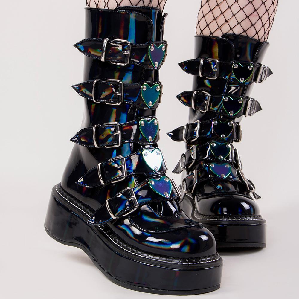 EMILY-330 Black Holographic Boots-Demonia-Tragic Beautiful