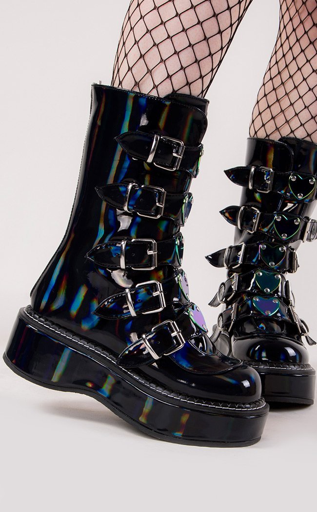 EMILY-330 Black Holographic Boots-Demonia-Tragic Beautiful