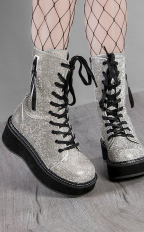 EMILY-362 Silver Rhinestone Combat Boots-Demonia-Tragic Beautiful