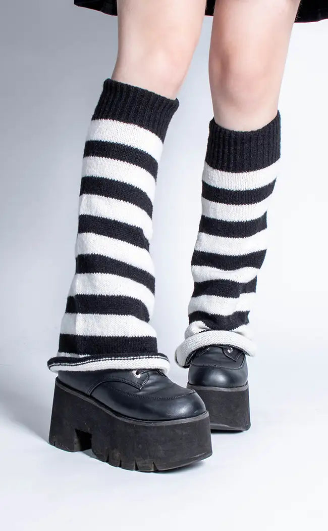 Emily Black & White Stripe Knit Leg Warmers-Cold Black Heart-Tragic Beautiful