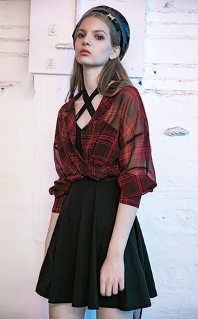 Fiendish Shadows Sheer Shirt | Red Plaid-Punk Rave-Tragic Beautiful