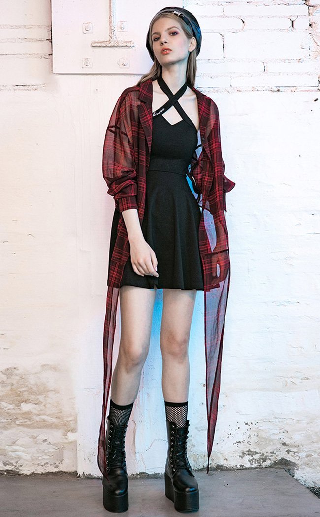 Fiendish Shadows Sheer Shirt | Red Plaid-Punk Rave-Tragic Beautiful