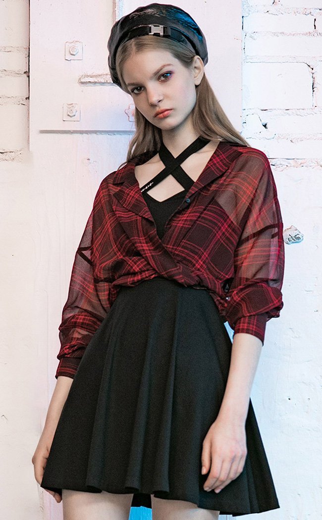 Fiendish Shadows Sheer Shirt | Red Plaid-Punk Rave-Tragic Beautiful