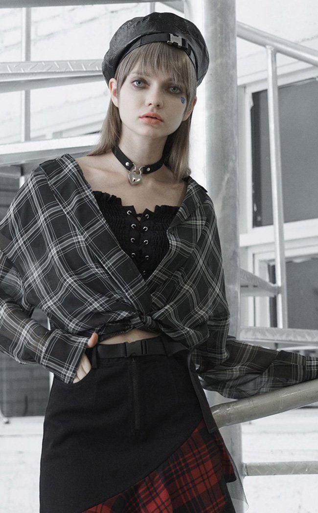 Fiendish Shadows Sheer Shirt | White Plaid-Punk Rave-Tragic Beautiful