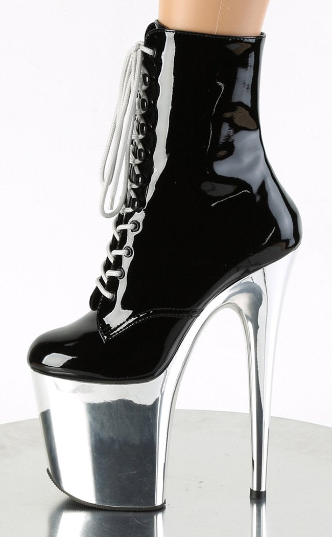 FLAMINGO-1020 Black Patent Silver Chrome Boots-Pleaser-Tragic Beautiful