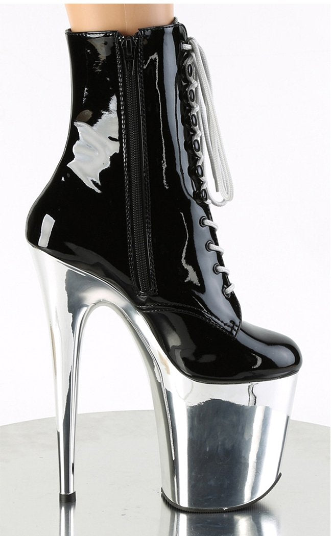 FLAMINGO-1020 Black Patent Silver Chrome Boots-Pleaser-Tragic Beautiful