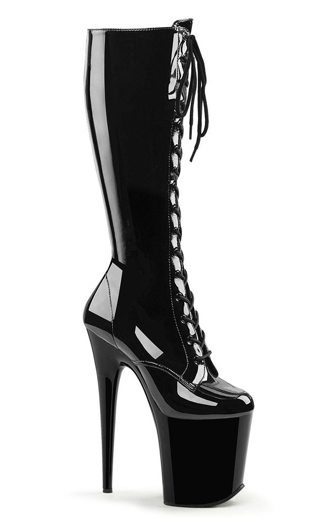 FLAMINGO-2023 Black Patent Knee High Boots-Pleaser-Tragic Beautiful