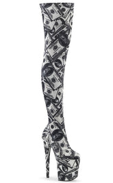 FLAMINGO-3000DP Money Print Thigh High Boots-Pleaser-Tragic Beautiful