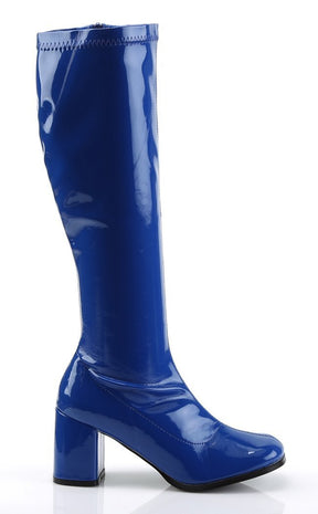 GOGO-300 Navy Blue Stretch Patent Gogo Boots-Funtasma-Tragic Beautiful