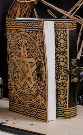 Leather Book of Shadows Gold Pentacle-TB-Tragic Beautiful