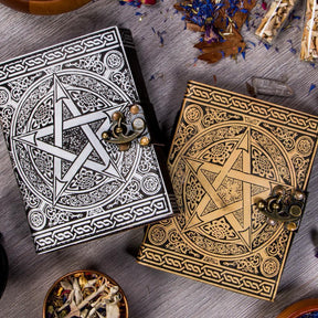 Leather Book of Shadows Gold Pentacle-TB-Tragic Beautiful