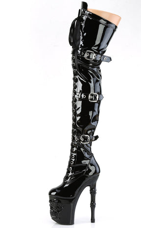 RAPTURE-3028 Black Patent Thigh High Skull Boots-Pleaser-Tragic Beautiful