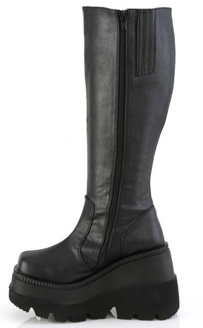 SHAKER-100WC Black Vegan Knee High Platform Boots | Wide Calf-Demonia-Tragic Beautiful