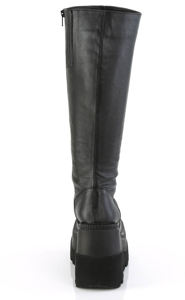 SHAKER-100WC Black Vegan Knee High Platform Boots | Wide Calf-Demonia-Tragic Beautiful