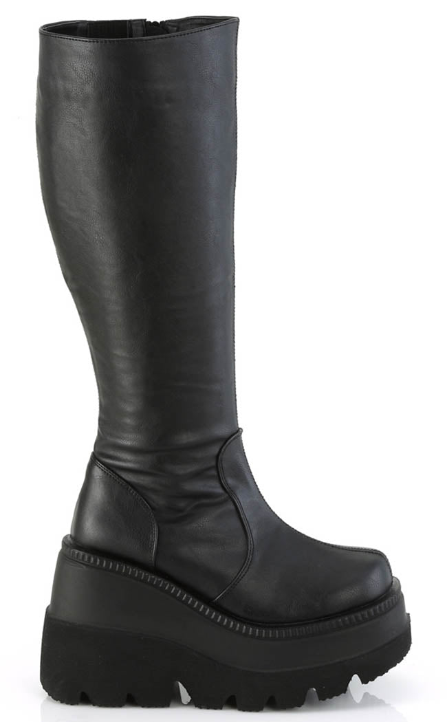 SHAKER-100WC Black Vegan Knee High Platform Boots | Wide Calf-Demonia-Tragic Beautiful