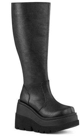 SHAKER-100WC Black Vegan Knee High Platform Boots | Wide Calf-Demonia-Tragic Beautiful