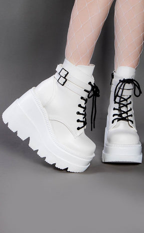 SHAKER-52 White Vegan Leather Platform Ankle Boots-Demonia-Tragic Beautiful