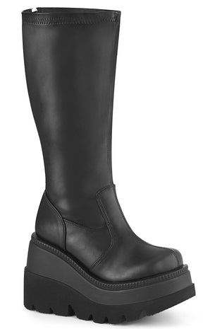 SHAKER-65 Black Vegan Leather Knee High Platform Boots | Wide Calf-Demonia-Tragic Beautiful