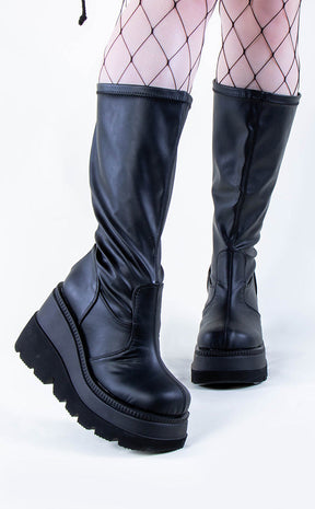 SHAKER-65WC Black Vegan Leather Knee High Platform Boots | Wide Calf (Au Stock)-Demonia-Tragic Beautiful