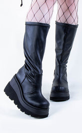 SHAKER-65WC Black Vegan Leather Knee High Platform Boots | Wide Calf-Demonia-Tragic Beautiful