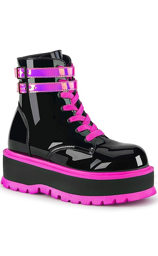 SLACKER-52 Black Patent UV Pink Ankle Boots-Demonia-Tragic Beautiful