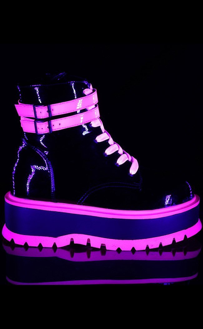 SLACKER-52 Black Patent UV Pink Ankle Boots-Demonia-Tragic Beautiful