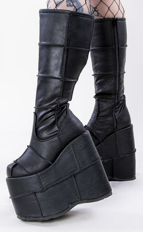 STACK-301 Black Vegan Leather Platform Boots-Demonia-Tragic Beautiful