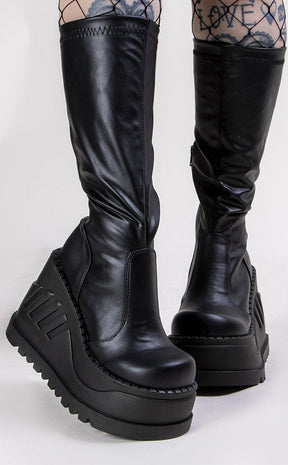 STOMP-200 Black Vegan Leather Knee High Platform Boots-Demonia-Tragic Beautiful