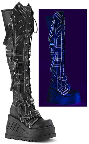 STOMP-310 Black Vegan Leather Knee High Platform Boots-Demonia-Tragic Beautiful