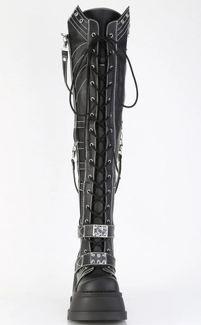 STOMP-310 Black Vegan Leather Knee High Platform Boots-Demonia-Tragic Beautiful