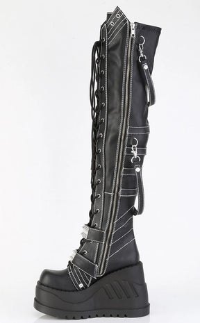 STOMP-310 Black Vegan Leather Knee High Platform Boots-Demonia-Tragic Beautiful