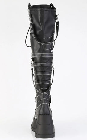 STOMP-310 Black Vegan Leather Knee High Platform Boots-Demonia-Tragic Beautiful