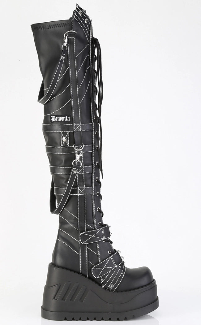 STOMP-310 Black Vegan Leather Knee High Platform Boots-Demonia-Tragic Beautiful