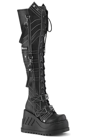 STOMP-310 Black Vegan Leather Knee High Platform Boots-Demonia-Tragic Beautiful