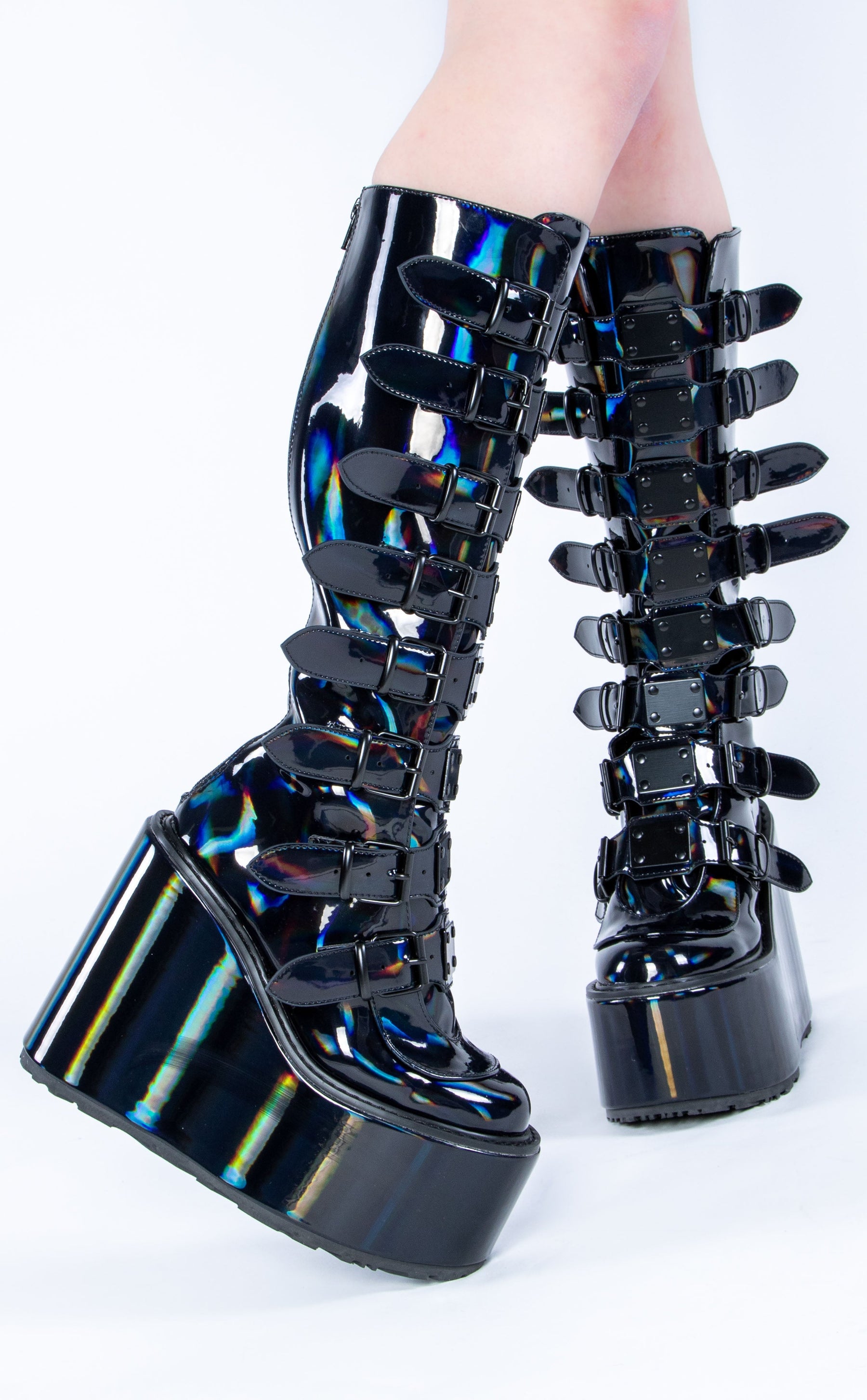 SWING-815 Black Holo Trinity Platform Knee High Boots-Demonia-Tragic Beautiful