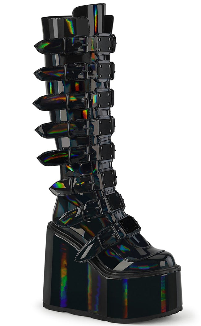 SWING-815 Black Holo Trinity Platform Knee High Boots-Demonia-Tragic Beautiful