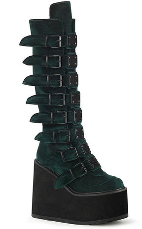 SWING-815 Emerald Velvet Trinity Platform Knee High Boots-Demonia-Tragic Beautiful