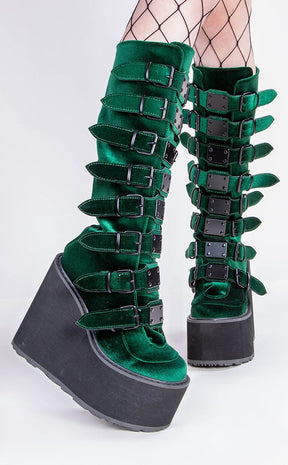 SWING-815 Emerald Velvet Trinity Platform Knee High Boots (Au Stock)-Demonia-Tragic Beautiful