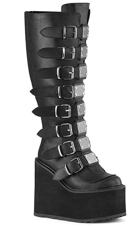 SWING-815WC Black Matte Trinity Knee High Boots | Wide Calf-Demonia-Tragic Beautiful