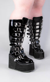 SWING-815WC Black Patent Trinity Knee High Boots | Wide Calf-Demonia-Tragic Beautiful