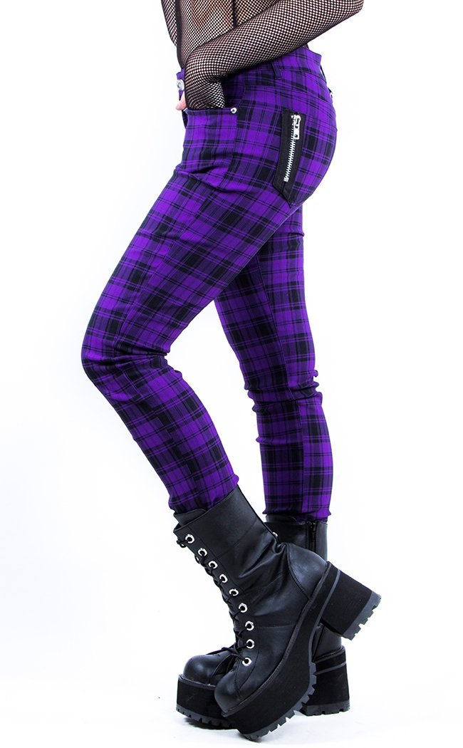 Tartan Check Skinny Jeans Purple-Banned Apparel-Tragic Beautiful