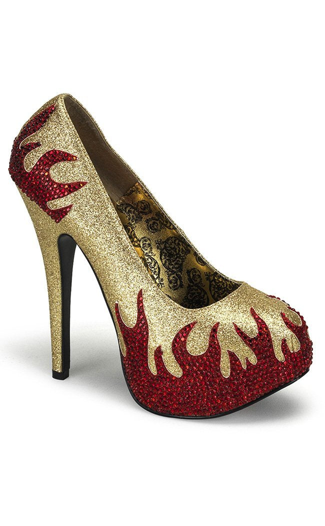 TEEZE-27 Gold Mini Gltr-Red Rstn Heels-Bordello-Tragic Beautiful