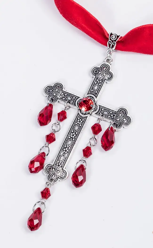 Velvet Choker w Jewelled Cross | Red-Cold Black Heart-Tragic Beautiful