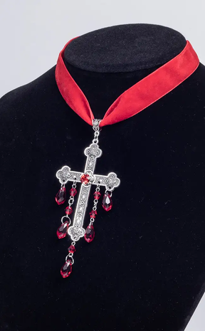 Velvet Choker w Jewelled Cross | Red-Cold Black Heart-Tragic Beautiful